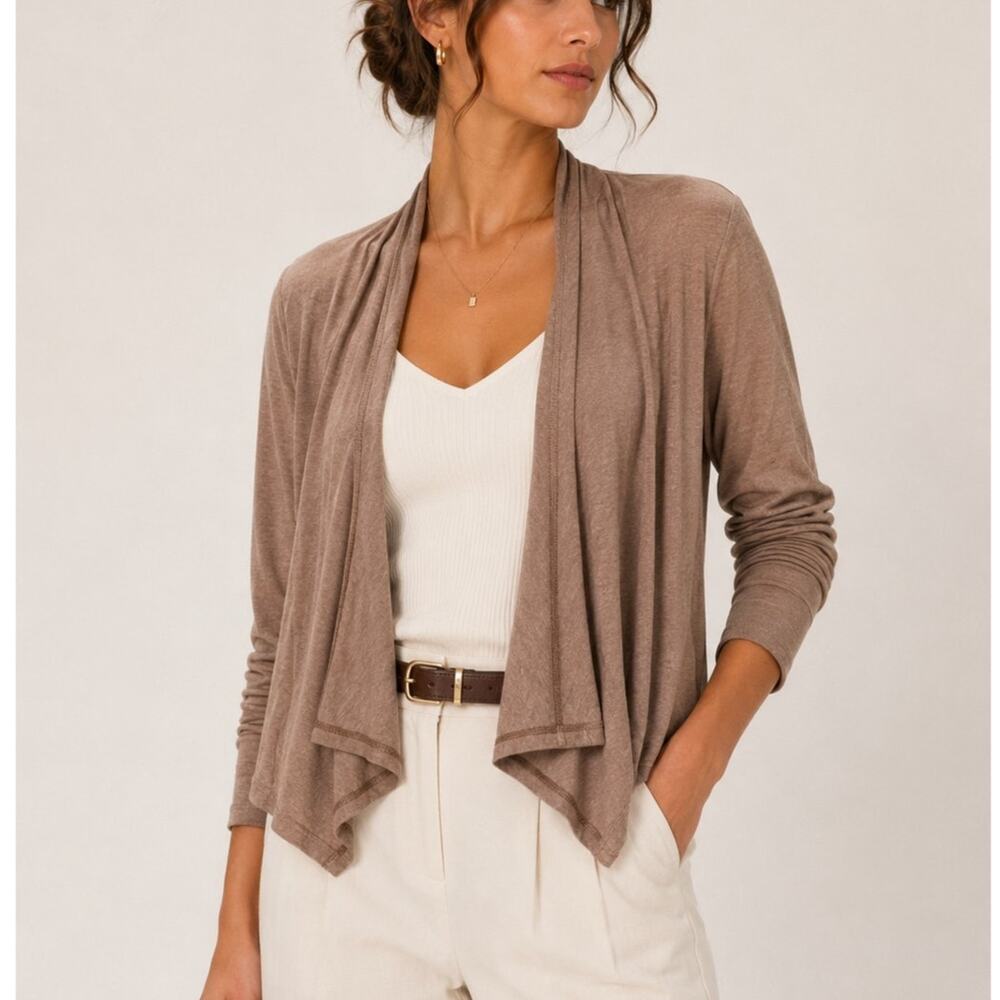 Natori Brown Open Front Draped Cardigan Size Small Tan Quiet Luxury Timeless